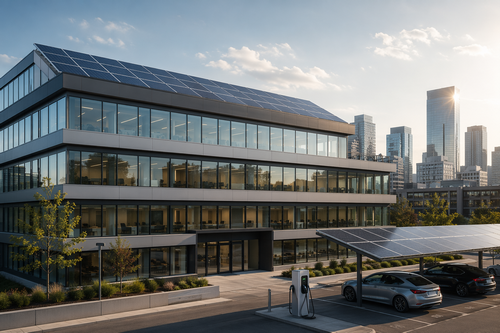 Nachhaltige Planung Nachhaltige Planung mit Solaranlage, E-Ladestation, Solardach auf dem Parkplatz