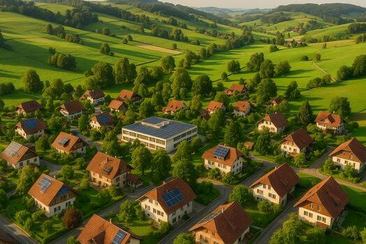 Dorf mit Solaranlage zur visualisierung, wie ein Zusammenschluss von Stromproduzenten und Endverbrauchern in einem Gebiet aussehen könnte.